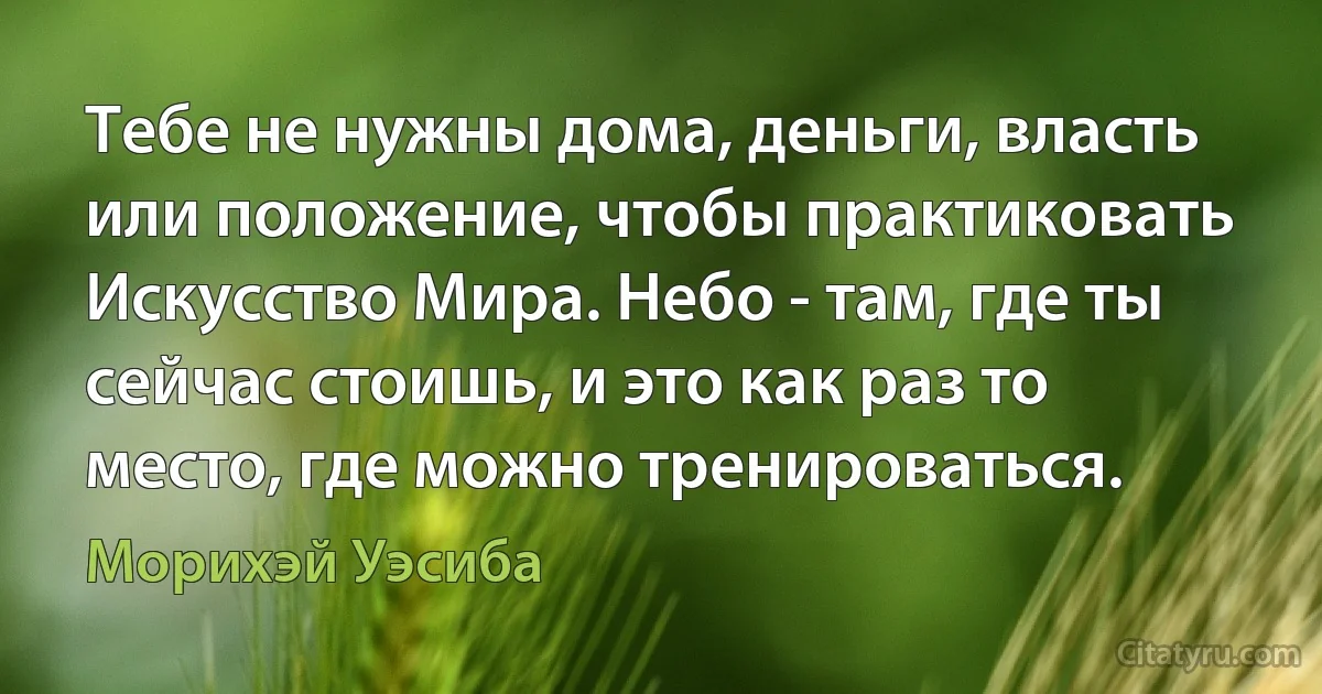 Тебе не нужны дома, деньги, власть или положение, чтобы практиковать Искусство Мира. Небо - там, где ты сейчас стоишь, и это как раз то место, где можно тренироваться. (Морихэй Уэсиба)