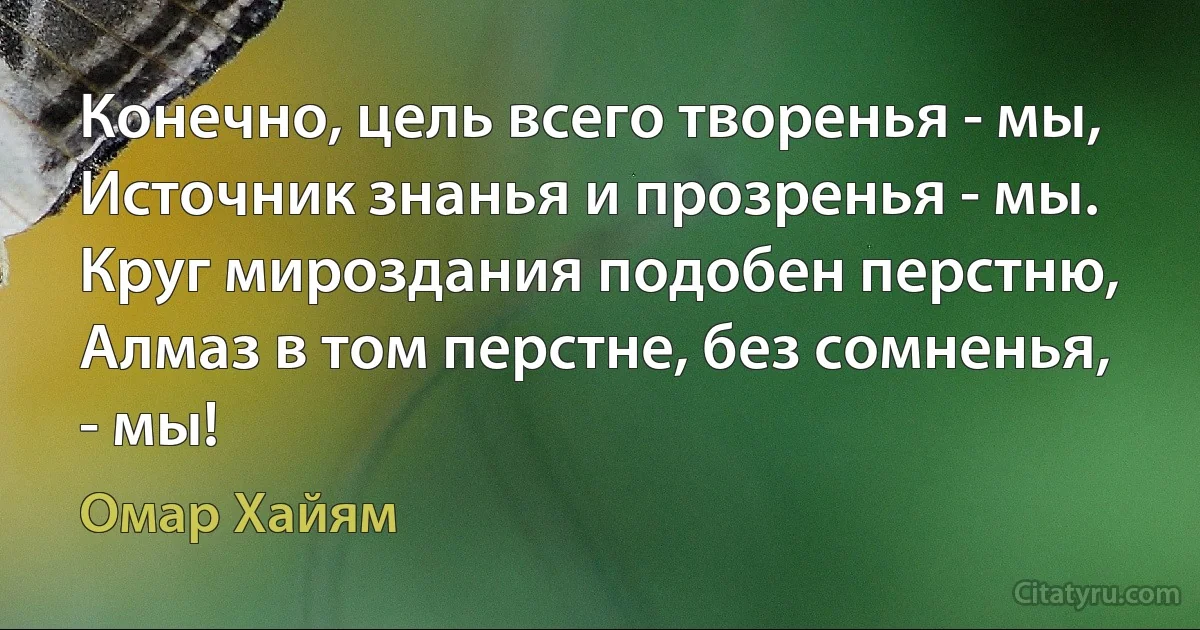 Конечно, цель всего творенья - мы,
Источник знанья и прозренья - мы.
Круг мироздания подобен перстню,
Алмаз в том перстне, без сомненья, - мы! (Омар Хайям)