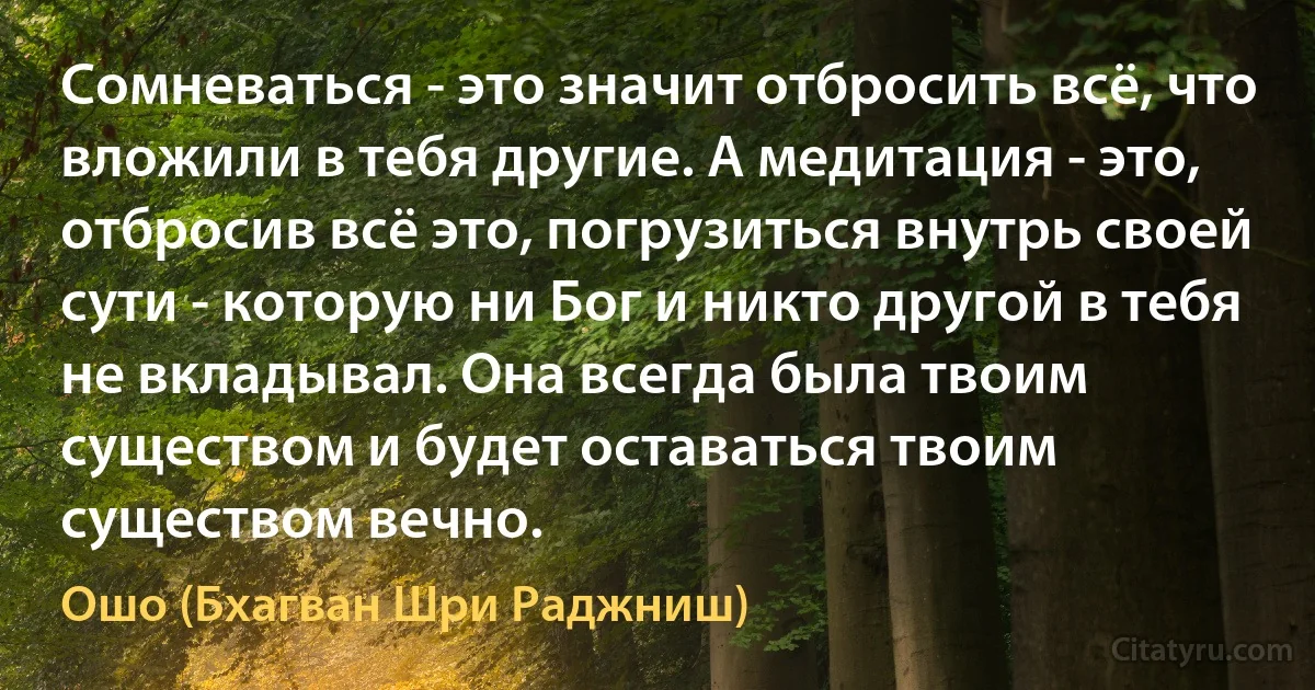 Сомневаться - это значит отбросить всё, что вложили в тебя другие. А медитация - это, отбросив всё это, погрузиться внутрь своей сути - которую ни Бог и никто другой в тебя не вкладывал. Она всегда была твоим существом и будет оставаться твоим существом вечно. (Ошо (Бхагван Шри Раджниш))