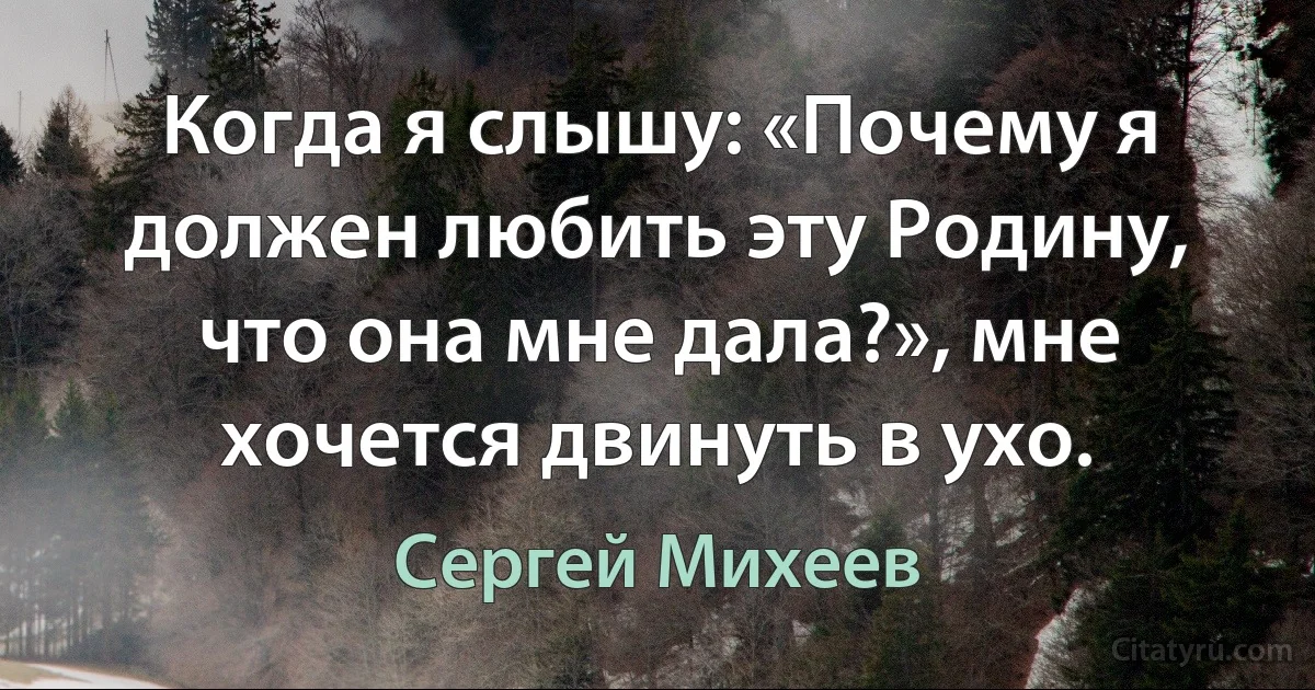 Когда я слышу: «Почему я должен любить эту Родину, что она мне дала?», мне хочется двинуть в ухо. (Сергей Михеев)