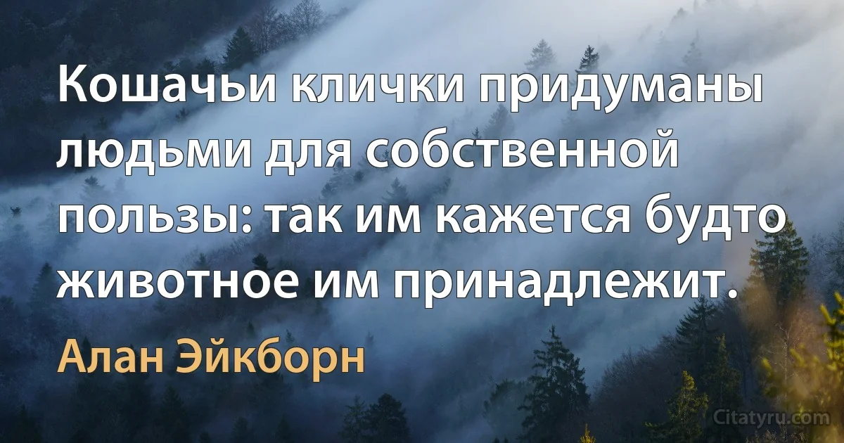 Кошачьи клички придуманы людьми для собственной пользы: так им кажется будто животное им принадлежит. (Алан Эйкборн)