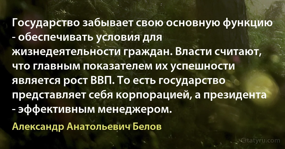 Государство забывает свою основную функцию - обеспечивать условия для жизнедеятельности граждан. Власти считают, что главным показателем их успешности является рост ВВП. То есть государство представляет себя корпорацией, а президента - эффективным менеджером. (Александр Анатольевич Белов)