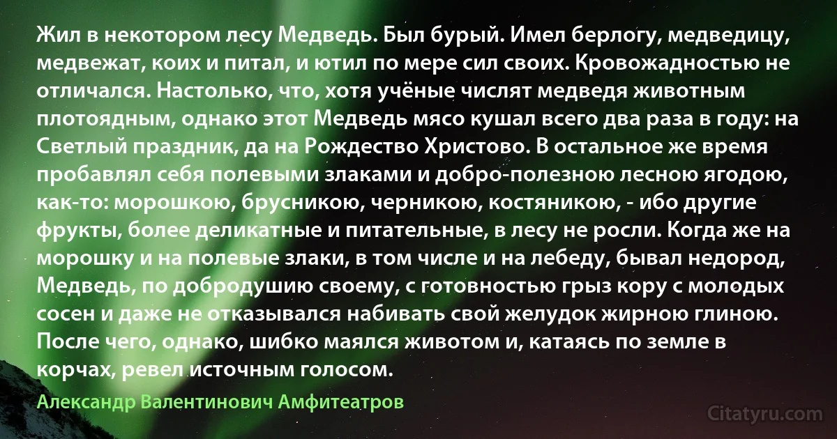 Жил в некотором лесу Медведь. Был бурый. Имел берлогу, медведицу, медвежат, коих и питал, и ютил по мере сил своих. Кровожадностью не отличался. Настолько, что, хотя учёные числят медведя животным плотоядным, однако этот Медведь мясо кушал всего два раза в году: на Светлый праздник, да на Рождество Христово. В остальное же время пробавлял себя полевыми злаками и добро-полезною лесною ягодою, как-то: морошкою, брусникою, черникою, костяникою, - ибо другие фрукты, более деликатные и питательные, в лесу не росли. Когда же на морошку и на полевые злаки, в том числе и на лебеду, бывал недород, Медведь, по добродушию своему, с готовностью грыз кору с молодых сосен и даже не отказывался набивать свой желудок жирною глиною. После чего, однако, шибко маялся животом и, катаясь по земле в корчах, ревел источным голосом. (Александр Валентинович Амфитеатров)