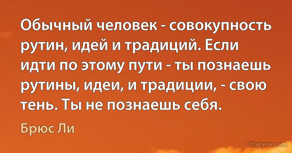 Обычный человек - совокупность рутин, идей и традиций. Если идти по этому пути - ты познаешь рутины, идеи, и традиции, - свою тень. Ты не познаешь себя. (Брюс Ли)