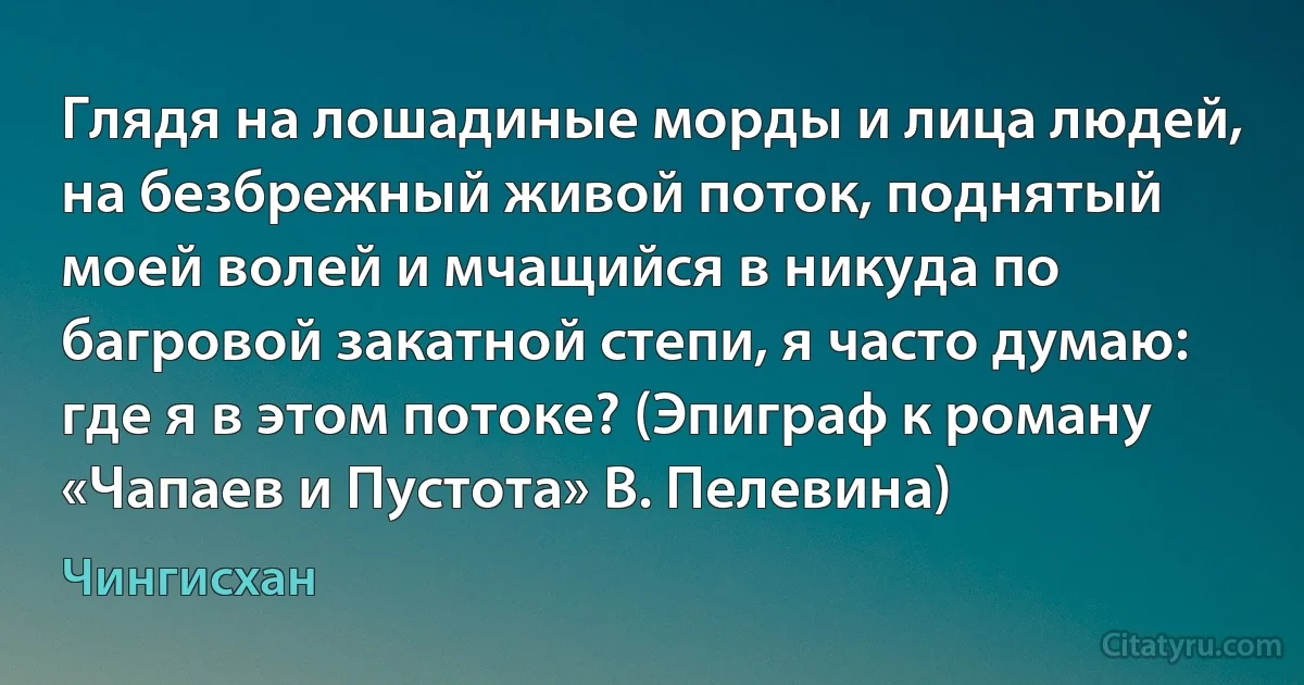 Глядя на лошадиные морды и лица людей, на безбрежный живой поток, поднятый моей волей и мчащийся в никуда по багровой закатной степи, я часто думаю: где я в этом потоке? (Эпиграф к роману «Чапаев и Пустота» В. Пелевина) (Чингисхан)