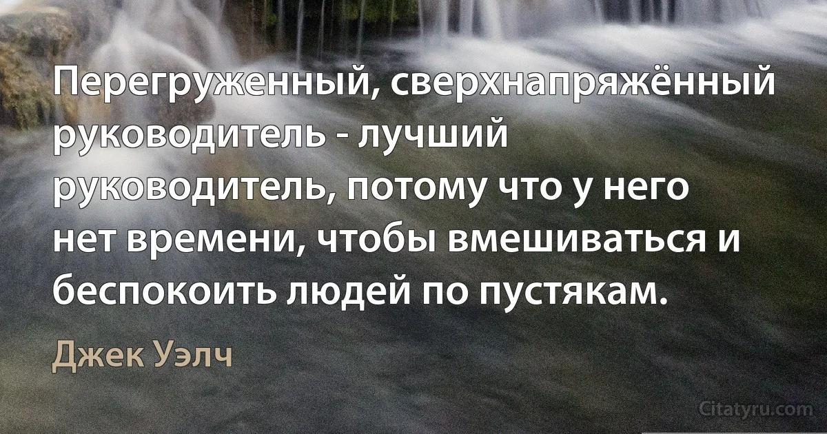 Перегруженный, сверхнапряжённый руководитель - лучший руководитель, потому что у него нет времени, чтобы вмешиваться и беспокоить людей по пустякам. (Джек Уэлч)