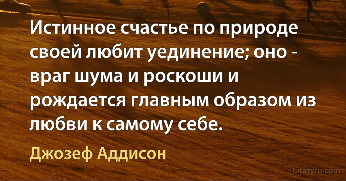 Истинное счастье по природе своей любит уединение; оно - враг шума и роскоши и рождается главным образом из любви к самому себе. (Джозеф Аддисон)