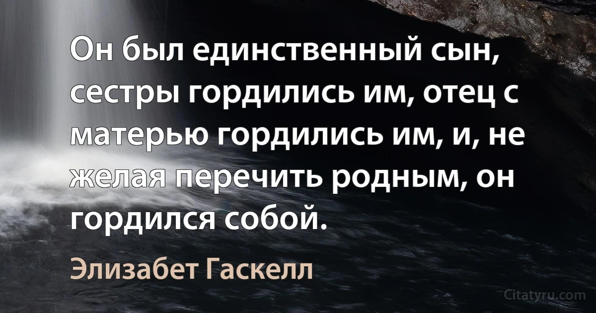 Он был единственный сын, сестры гордились им, отец с матерью гордились им, и, не желая перечить родным, он гордился собой. (Элизабет Гаскелл)