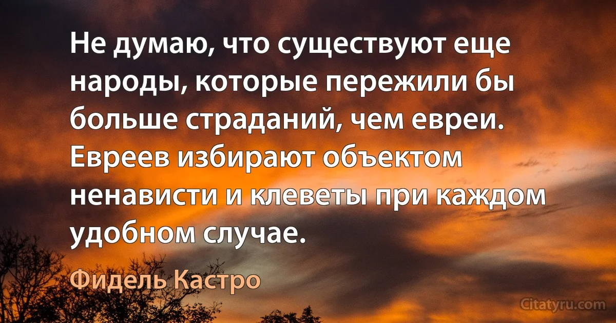 Не думаю, что существуют еще народы, которые пережили бы больше страданий, чем евреи. Евреев избирают объектом ненависти и клеветы при каждом удобном случае. (Фидель Кастро)