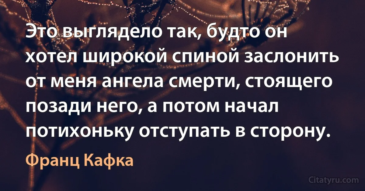 Это выглядело так, будто он хотел широкой спиной заслонить от меня ангела смерти, стоящего позади него, а потом начал потихоньку отступать в сторону. (Франц Кафка)