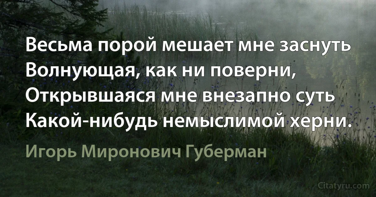 Весьма порой мешает мне заснуть
Волнующая, как ни поверни,
Открывшаяся мне внезапно суть
Какой-нибудь немыслимой херни. (Игорь Миронович Губерман)