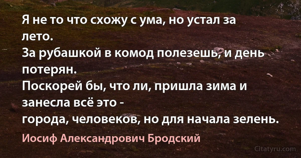 Я не то что схожу с ума, но устал за лето.
За рубашкой в комод полезешь, и день потерян.
Поскорей бы, что ли, пришла зима и занесла всё это -
города, человеков, но для начала зелень. (Иосиф Александрович Бродский)