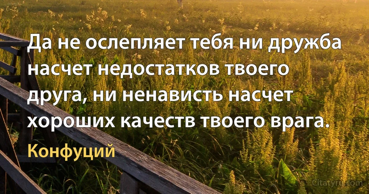 Да не ослепляет тебя ни дружба насчет недостатков твоего друга, ни ненависть насчет хороших качеств твоего врага. (Конфуций)