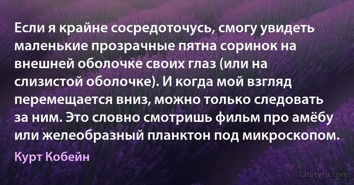 Если я крайне сосредоточусь, смогу увидеть маленькие прозрачные пятна соринок на внешней оболочке своих глаз (или на слизистой оболочке). И когда мой взгляд перемещается вниз, можно только следовать за ним. Это словно смотришь фильм про амёбу или желеобразный планктон под микроскопом. (Курт Кобейн)