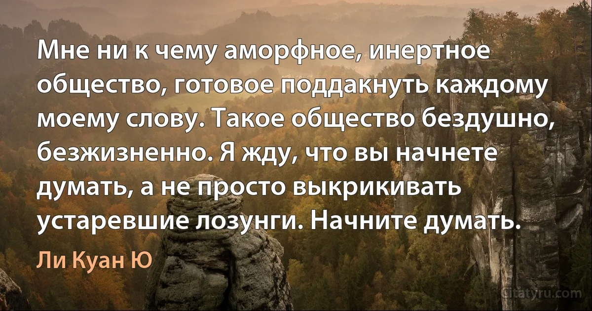 Мне ни к чему аморфное, инертное общество, готовое поддакнуть каждому моему слову. Такое общество бездушно, безжизненно. Я жду, что вы начнете думать, а не просто выкрикивать устаревшие лозунги. Начните думать. (Ли Куан Ю)