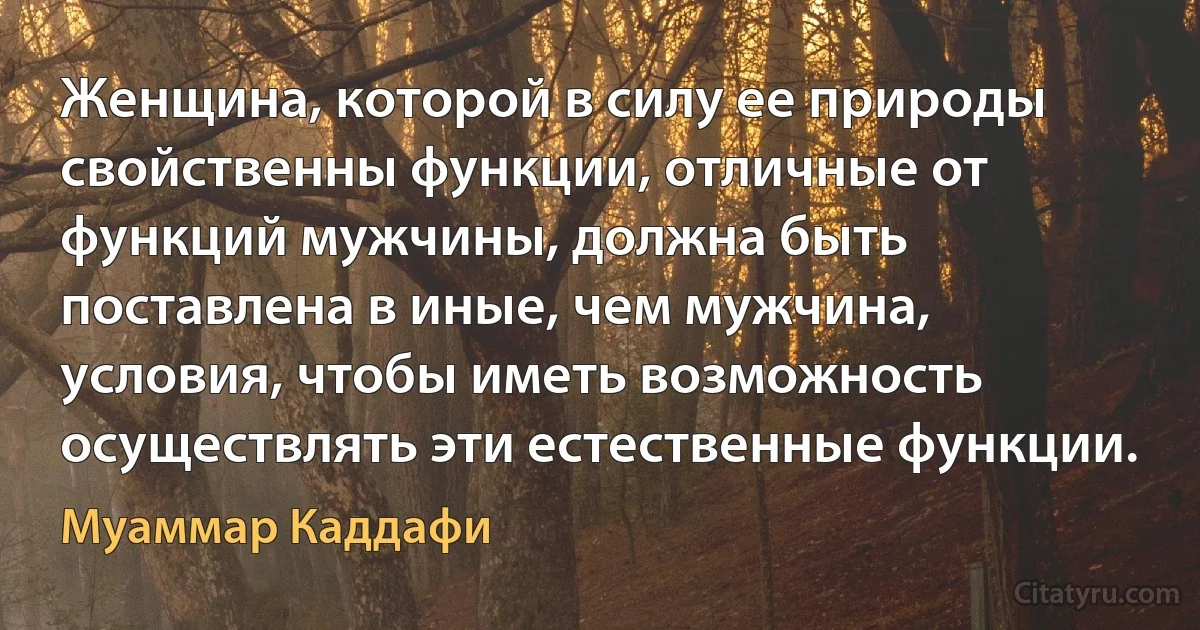 Женщина, которой в силу ее природы свойственны функции, отличные от функций мужчины, должна быть поставлена в иные, чем мужчина, условия, чтобы иметь возможность осуществлять эти естественные функции. (Муаммар Каддафи)