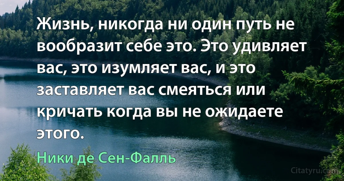 Жизнь, никогда ни один путь не вообразит себе это. Это удивляет вас, это изумляет вас, и это заставляет вас смеяться или кричать когда вы не ожидаете этого. (Ники де Сен-Фалль)