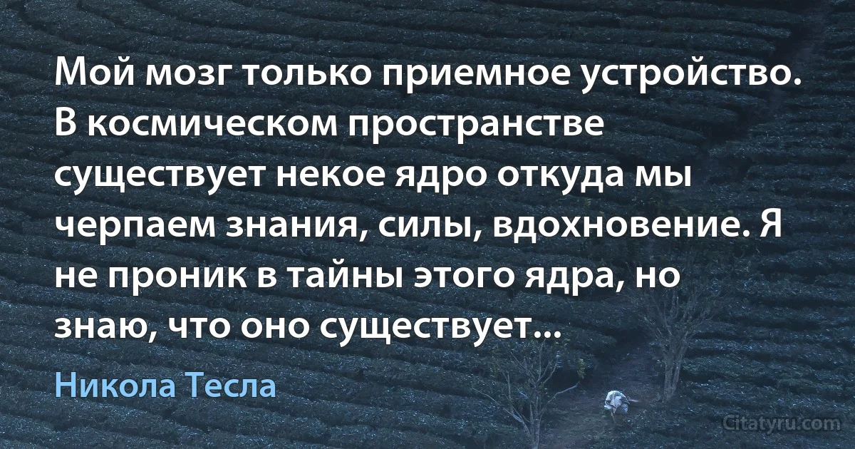 Мой мозг только приемное устройство. В космическом пространстве существует некое ядро откуда мы черпаем знания, силы, вдохновение. Я не проник в тайны этого ядра, но знаю, что оно существует... (Никола Тесла)