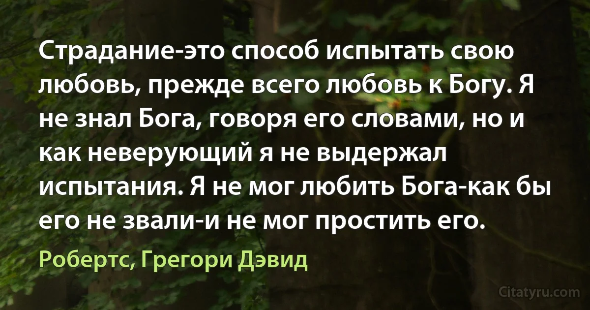 Страдание-это способ испытать свою любовь, прежде всего любовь к Богу. Я не знал Бога, говоря его словами, но и как неверующий я не выдержал испытания. Я не мог любить Бога-как бы его не звали-и не мог простить его. (Робертс, Грегори Дэвид)