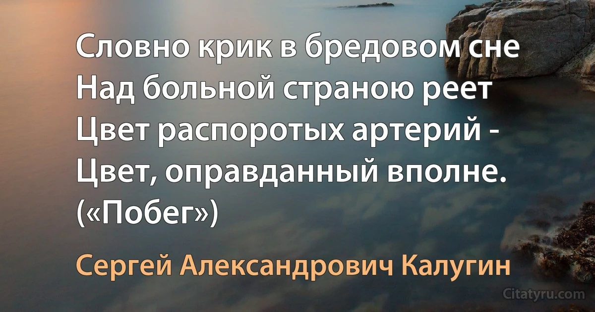 Словно крик в бредовом сне
Над больной страною реет
Цвет распоротых артерий -
Цвет, оправданный вполне. («Побег») (Сергей Александрович Калугин)