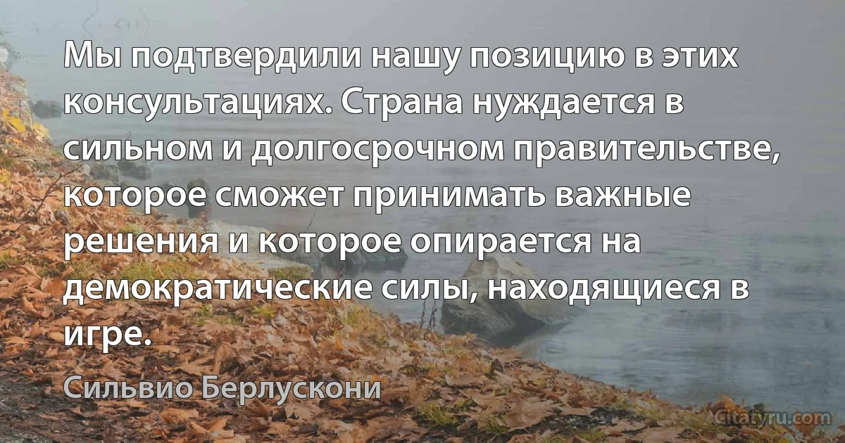 Мы подтвердили нашу позицию в этих консультациях. Страна нуждается в сильном и долгосрочном правительстве, которое сможет принимать важные решения и которое опирается на демократические силы, находящиеся в игре. (Сильвио Берлускони)