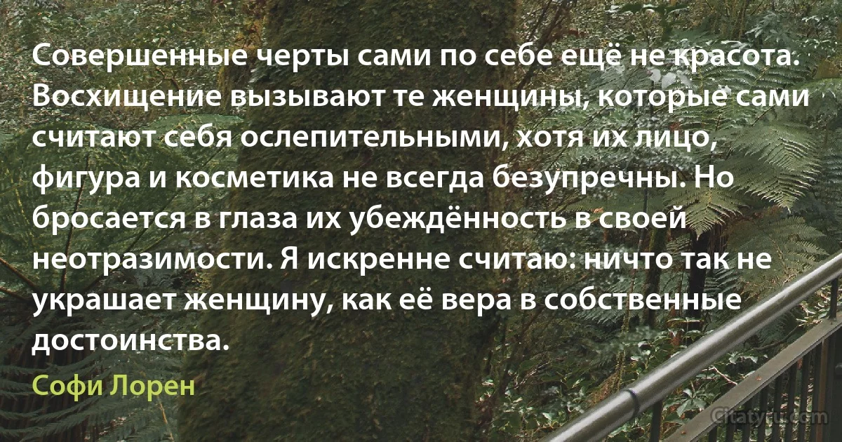 Совершенные черты сами по себе ещё не красота. Восхищение вызывают те женщины, которые сами считают себя ослепительными, хотя их лицо, фигура и косметика не всегда безупречны. Но бросается в глаза их убеждённость в своей неотразимости. Я искренне считаю: ничто так не украшает женщину, как её вера в собственные достоинства. (Софи Лорен)