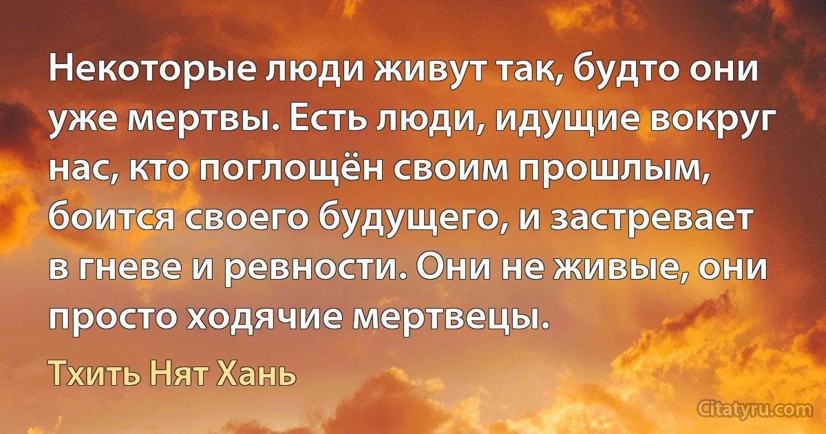 Некоторые люди живут так, будто они уже мертвы. Есть люди, идущие вокруг нас, кто поглощён своим прошлым, боится своего будущего, и застревает в гневе и ревности. Они не живые, они просто ходячие мертвецы. (Тхить Нят Хань)