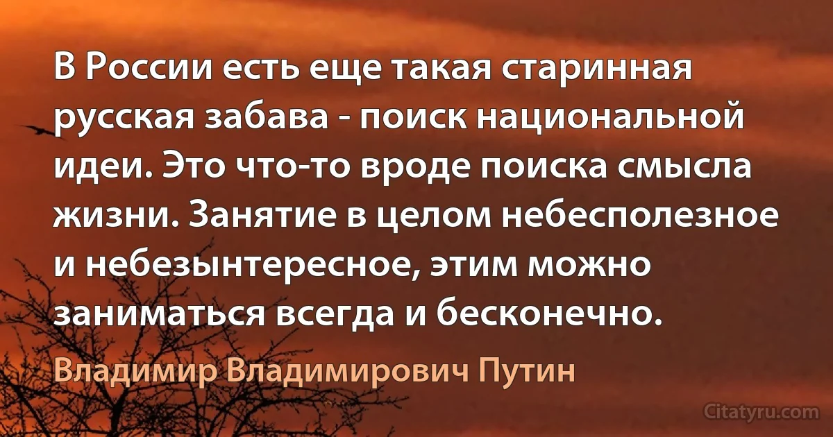 В России есть еще такая старинная русская забава - поиск национальной идеи. Это что-то вроде поиска смысла жизни. Занятие в целом небесполезное и небезынтересное, этим можно заниматься всегда и бесконечно. (Владимир Владимирович Путин)