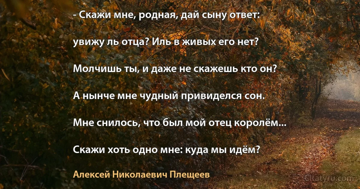 - Скажи мне, родная, дай сыну ответ:

увижу ль отца? Иль в живых его нет?

Молчишь ты, и даже не скажешь кто он?

А нынче мне чудный привиделся сон.

Мне снилось, что был мой отец королём...

Скажи хоть одно мне: куда мы идём? (Алексей Николаевич Плещеев)