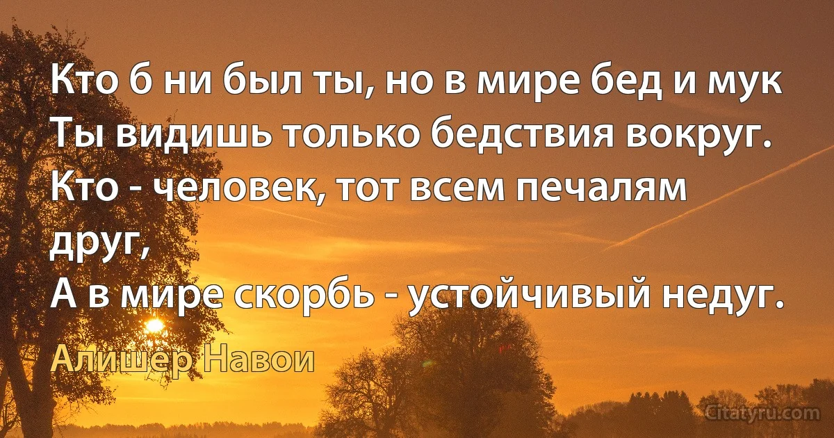 Кто б ни был ты, но в мире бед и мук
Ты видишь только бедствия вокруг.
Кто - человек, тот всем печалям друг,
А в мире скорбь - устойчивый недуг. (Алишер Навои)