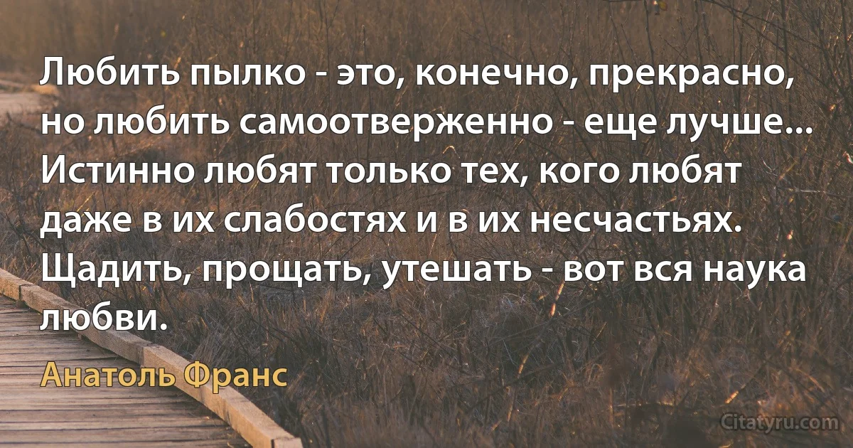 Любить пылко - это, конечно, прекрасно, но любить самоотверженно - еще лучше... Истинно любят только тех, кого любят даже в их слабостях и в их несчастьях. Щадить, прощать, утешать - вот вся наука любви. (Анатоль Франс)