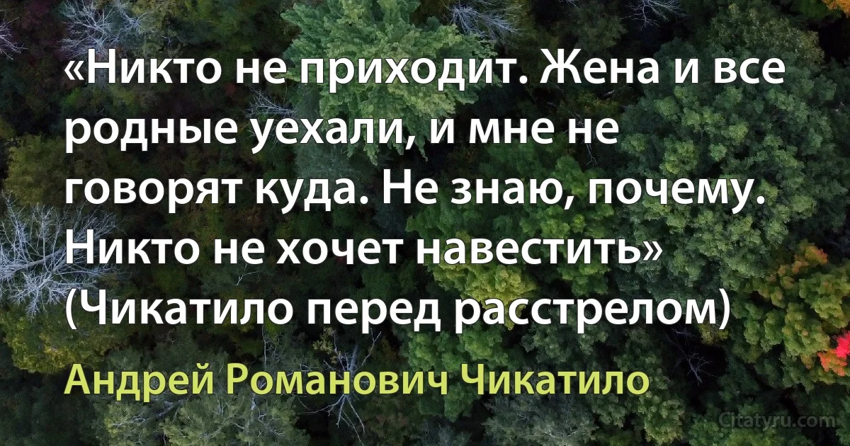 «Никто не приходит. Жена и все родные уехали, и мне не говорят куда. Не знаю, почему. Никто не хочет навестить» (Чикатило перед расстрелом) (Андрей Романович Чикатило)