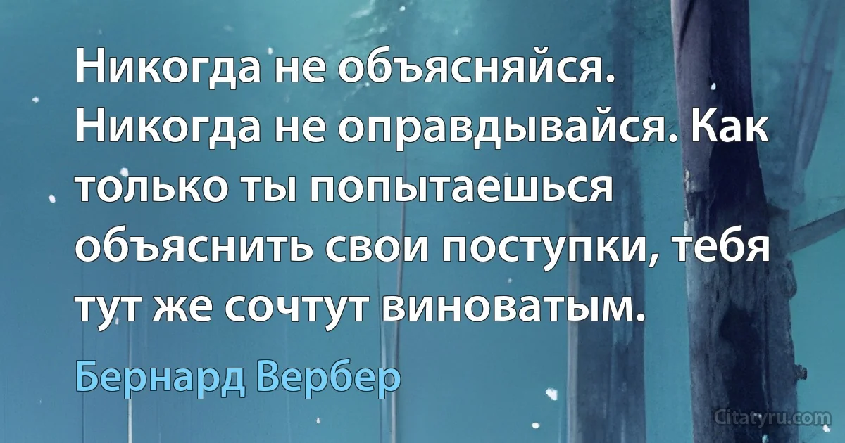 Никогда не объясняйся. Никогда не оправдывайся. Как только ты попытаешься объяснить свои поступки, тебя тут же сочтут виноватым. (Бернард Вербер)