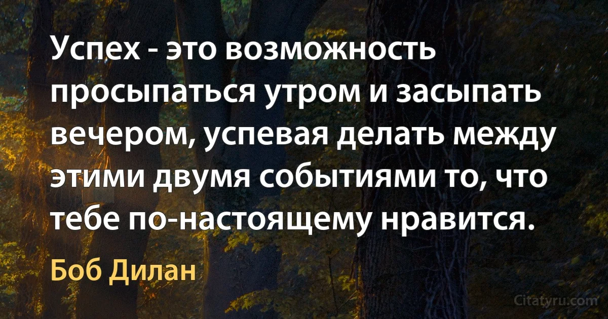 Успех - это возможность просыпаться утром и засыпать вечером, успевая делать между этими двумя событиями то, что тебе по-настоящему нравится. (Боб Дилан)