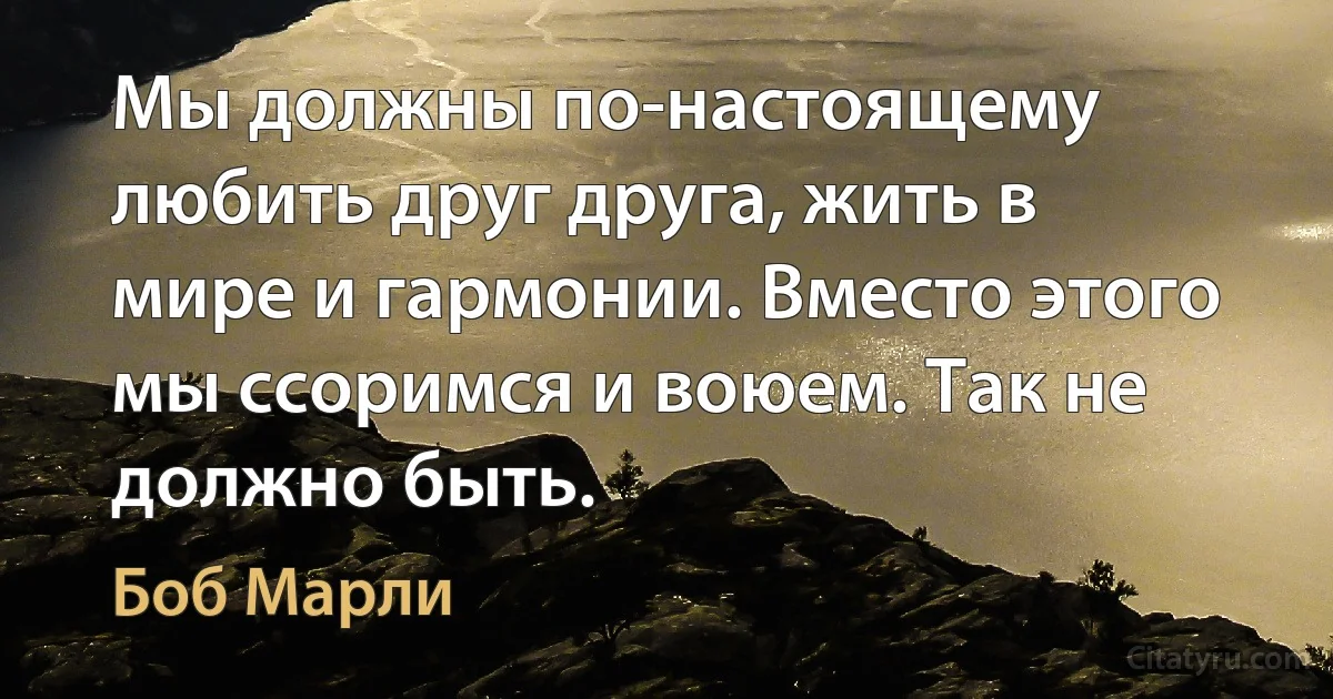 Мы должны по-настоящему любить друг друга, жить в мире и гармонии. Вместо этого мы ссоримся и воюем. Так не должно быть. (Боб Марли)