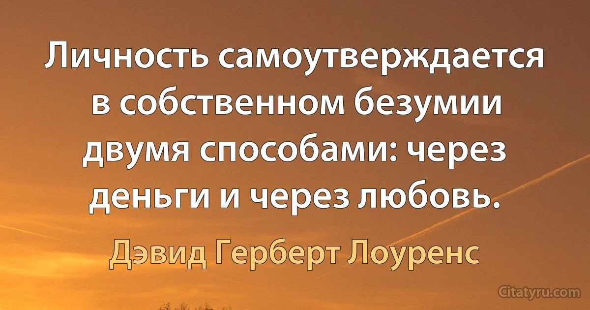 Личность самоутверждается в собственном безумии двумя способами: через деньги и через любовь. (Дэвид Герберт Лоуренс)