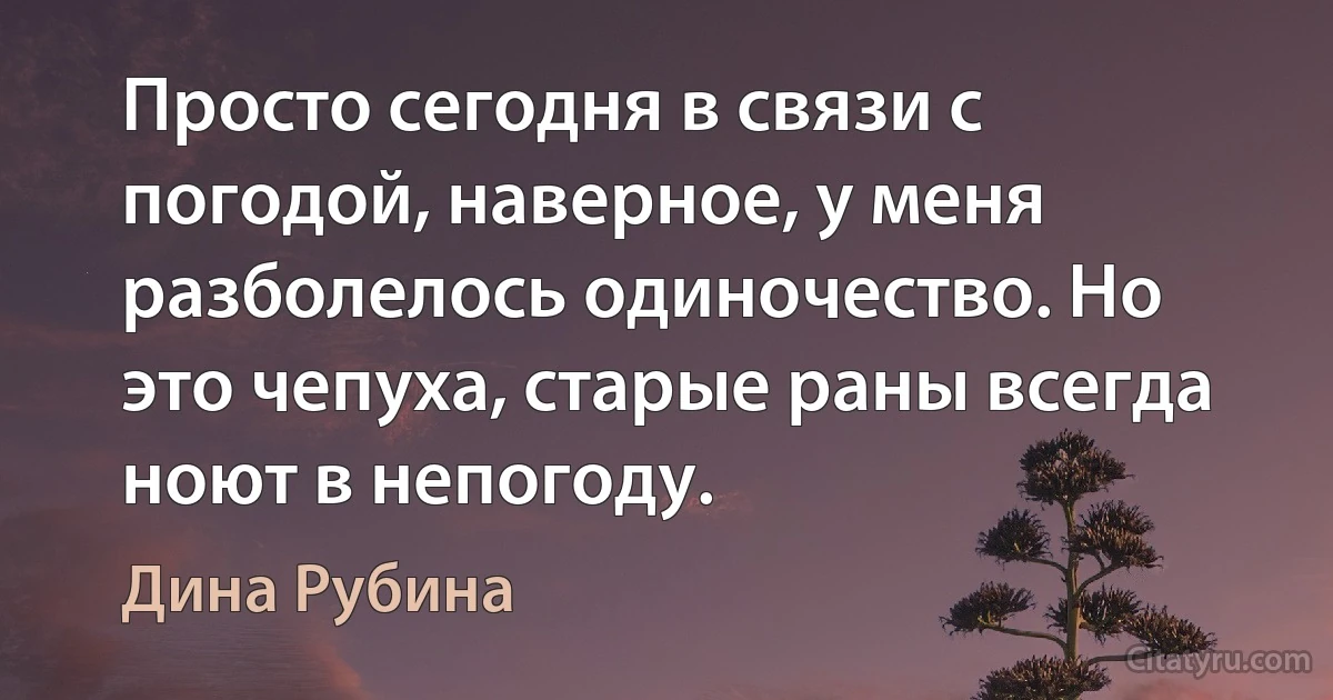 Просто сегодня в связи с погодой, наверное, у меня разболелось одиночество. Но это чепуха, старые раны всегда ноют в непогоду. (Дина Рубина)