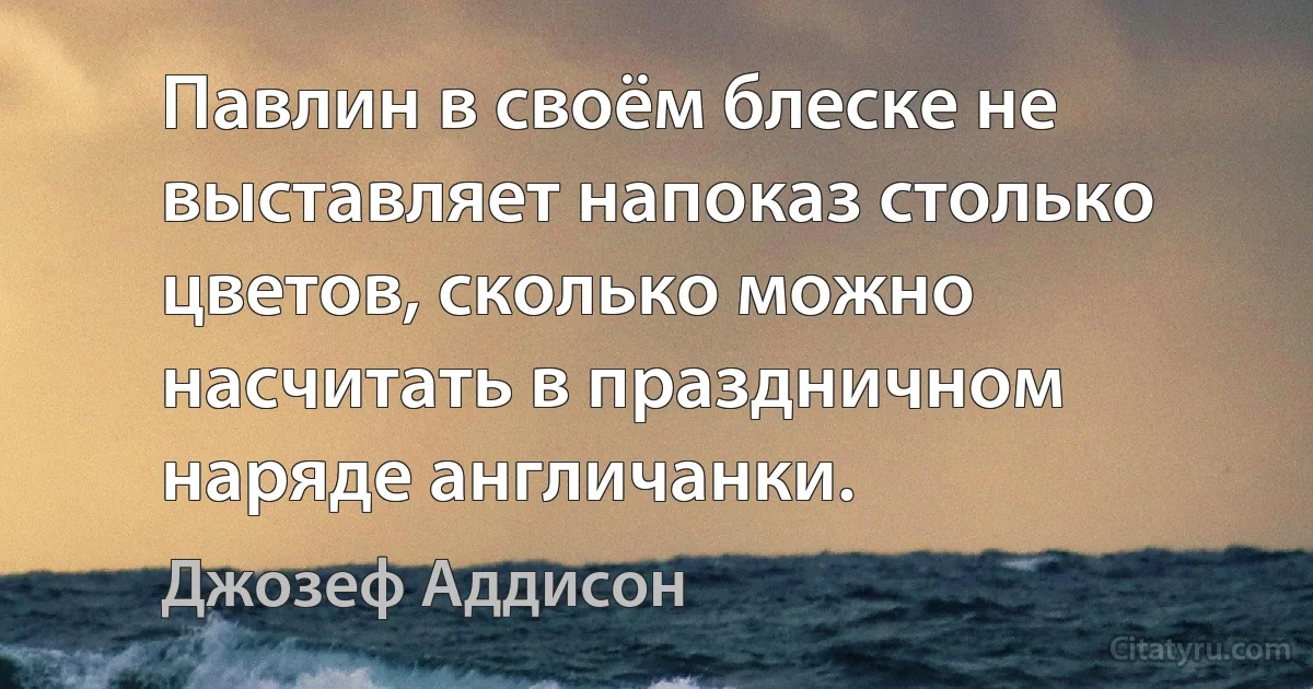 Павлин в своём блеске не выставляет напоказ столько цветов, сколько можно насчитать в праздничном наряде англичанки. (Джозеф Аддисон)