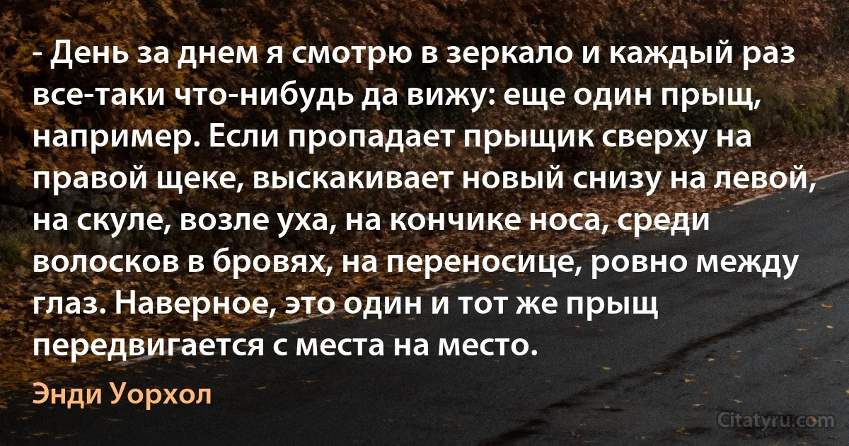 - День за днем я смотрю в зеркало и каждый раз все-таки что-нибудь да вижу: еще один прыщ, например. Если пропадает прыщик сверху на правой щеке, выскакивает новый снизу на левой, на скуле, возле уха, на кончике носа, среди волосков в бровях, на переносице, ровно между глаз. Наверное, это один и тот же прыщ передвигается с места на место. (Энди Уорхол)