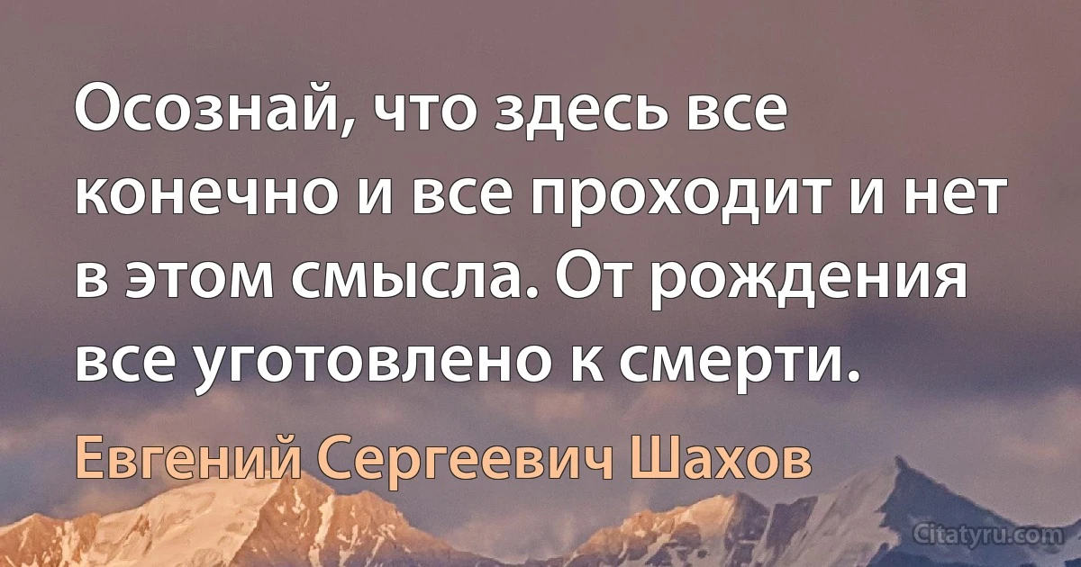 Осознай, что здесь все конечно и все проходит и нет в этом смысла. От рождения все уготовлено к смерти. (Евгений Сергеевич Шахов)