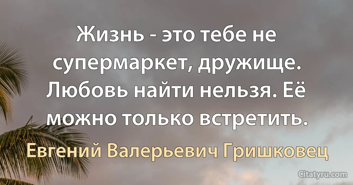 Жизнь - это тебе не супермаркет, дружище. Любовь найти нельзя. Её можно только встретить. (Евгений Валерьевич Гришковец)