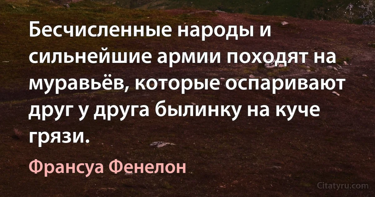 Бесчисленные народы и сильнейшие армии походят на муравьёв, которые оспаривают друг у друга былинку на куче грязи. (Франсуа Фенелон)