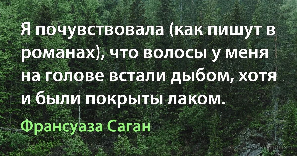 Я почувствовала (как пишут в романах), что волосы у меня на голове встали дыбом, хотя и были покрыты лаком. (Франсуаза Саган)