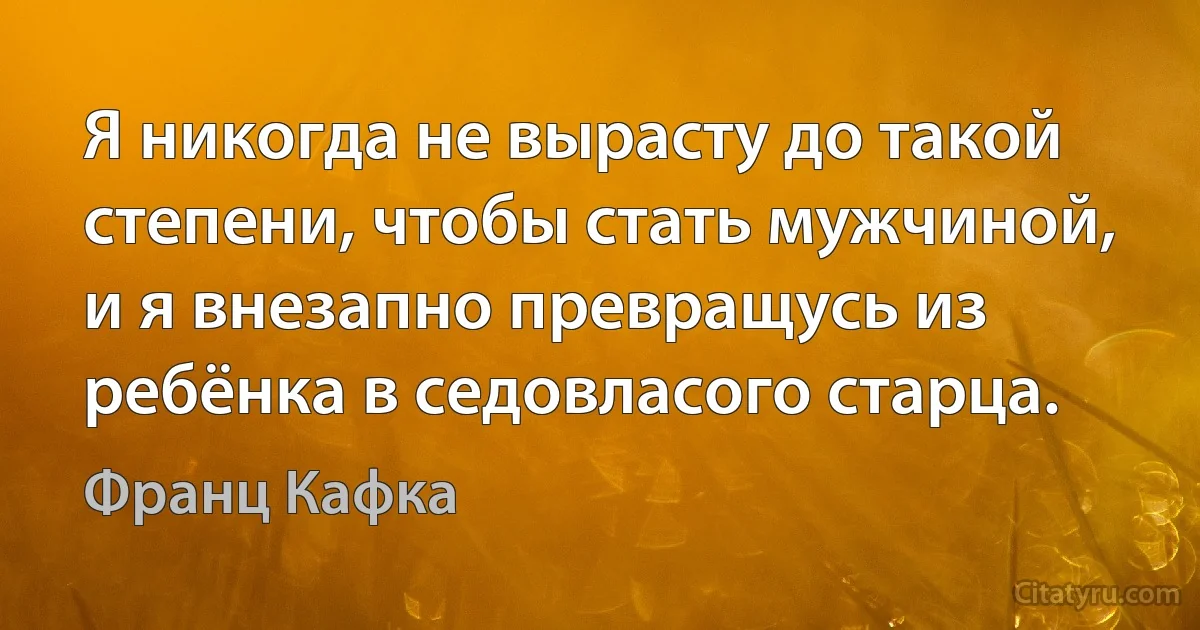 Я никогда не вырасту до такой степени, чтобы стать мужчиной, и я внезапно превращусь из ребёнка в седовласого старца. (Франц Кафка)