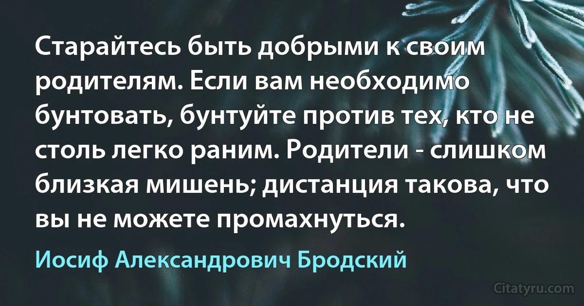 Старайтесь быть добрыми к своим родителям. Если вам необходимо бунтовать, бунтуйте против тех, кто не столь легко раним. Родители - слишком близкая мишень; дистанция такова, что вы не можете промахнуться. (Иосиф Александрович Бродский)