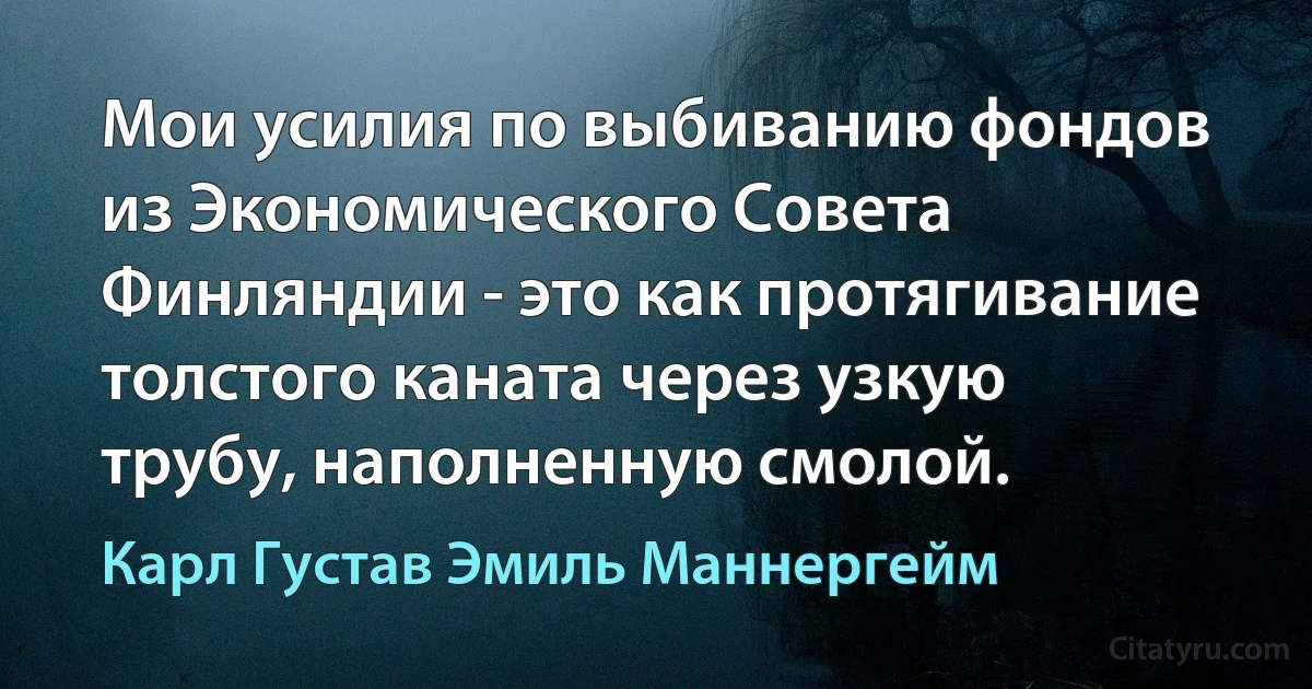 Мои усилия по выбиванию фондов из Экономического Совета Финляндии - это как протягивание толстого каната чeрез узкую трубу, наполненную смолой. (Карл Густав Эмиль Маннергейм)