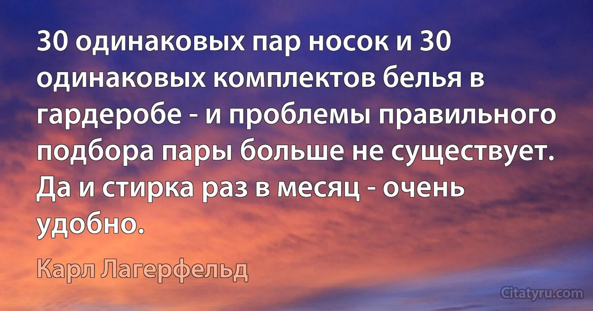 30 одинаковых пар носок и 30 одинаковых комплектов белья в гардеробе - и проблемы правильного подбора пары больше не существует. Да и стирка раз в месяц - очень удобно. (Карл Лагерфельд)