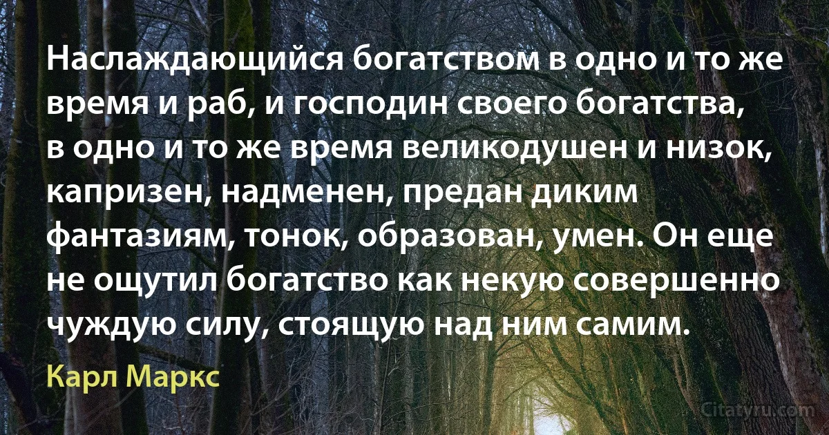 Наслаждающийся богатством в одно и то же время и раб, и господин своего богатства, в одно и то же время великодушен и низок, капризен, надменен, предан диким фантазиям, тонок, образован, умен. Он еще не ощутил богатство как некую совершенно чуждую силу, стоящую над ним самим. (Карл Маркс)