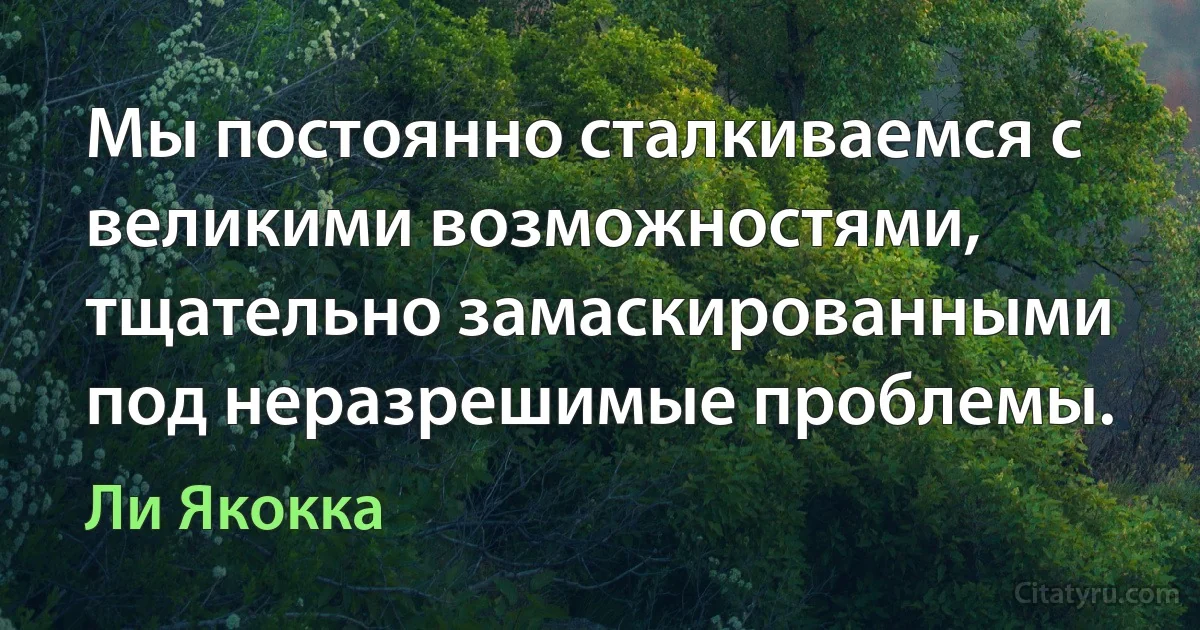 Мы постоянно сталкиваемся с великими возможностями, тщательно замаскированными под неразрешимые проблемы. (Ли Якокка)