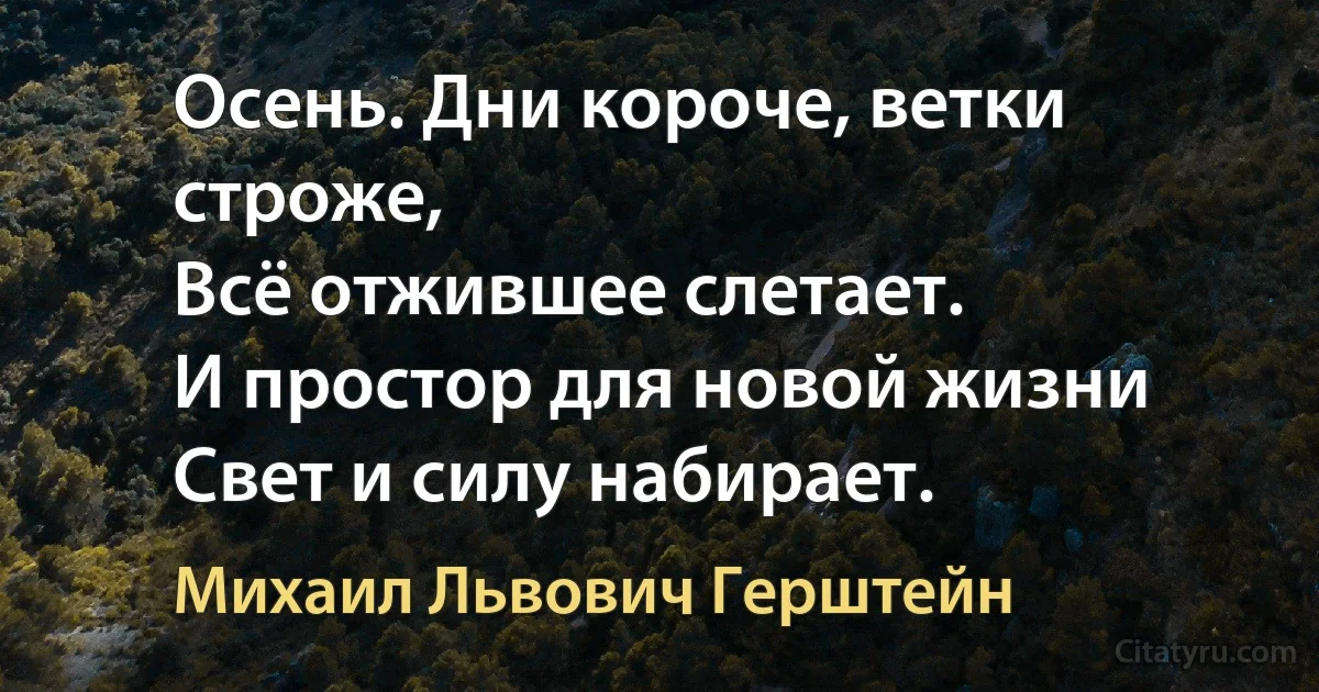 Осень. Дни короче, ветки строже,
Всё отжившее слетает.
И простор для новой жизни
Свет и силу набирает. (Михаил Львович Герштейн)